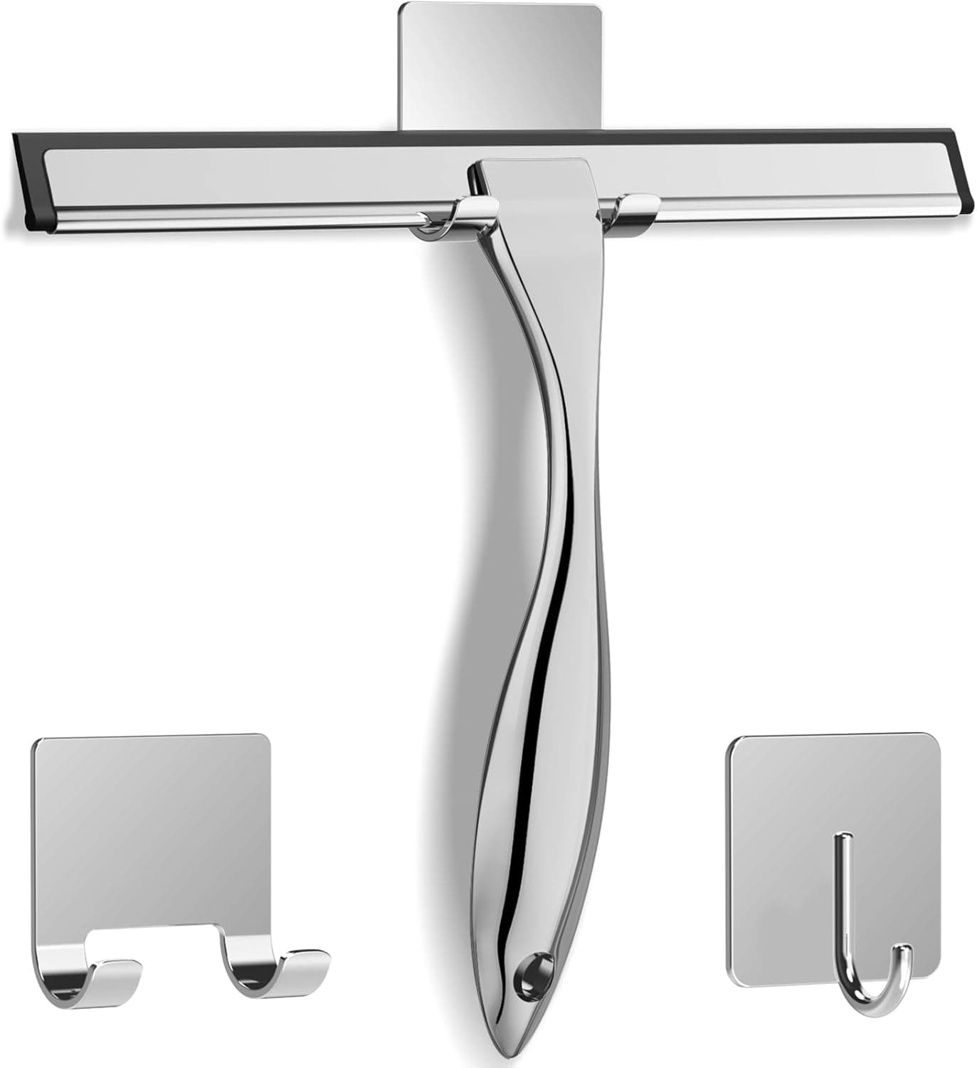 All-Purpose Stainless Steel Shower Squeegee with 2 Adhesive Hooks, 10 Inch
