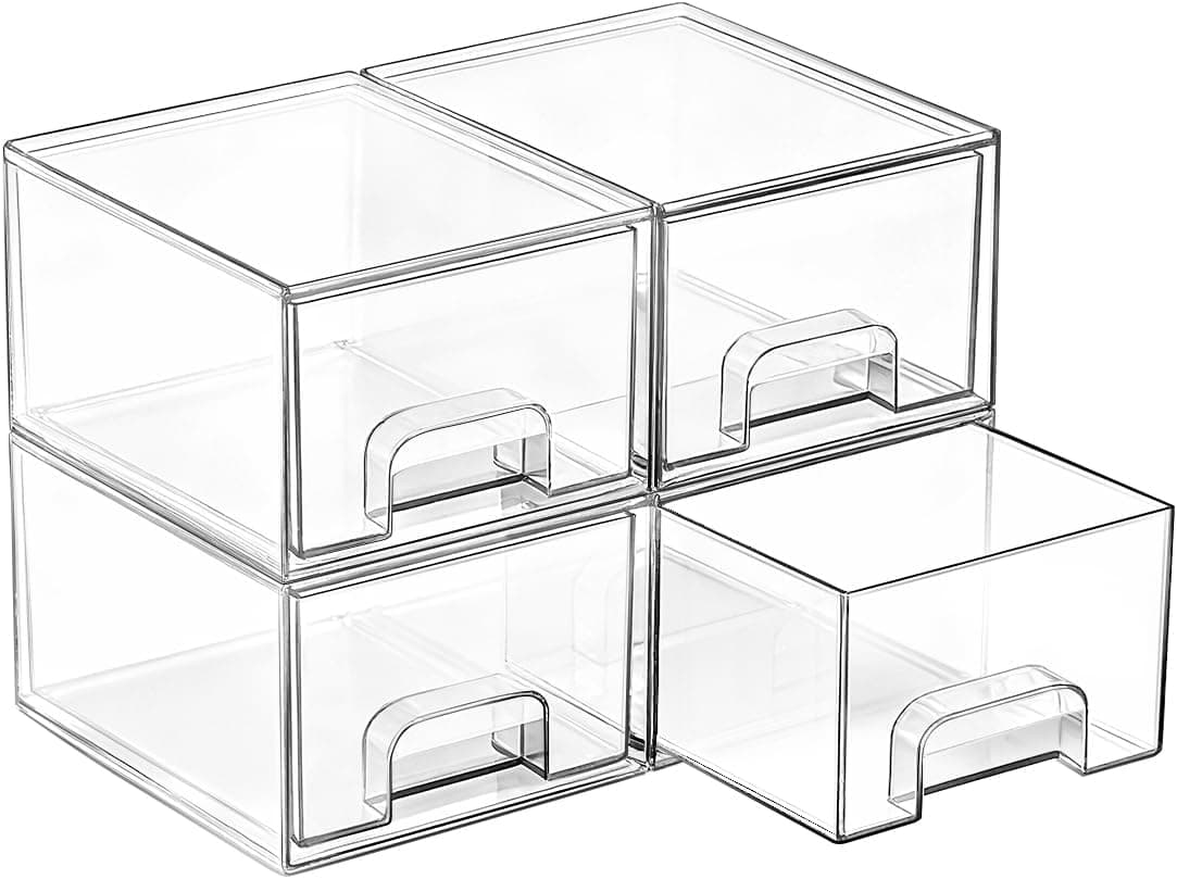 Vtopmart 4 Pack Small Clear Stackable Storage Drawers for Bathroom Vanity